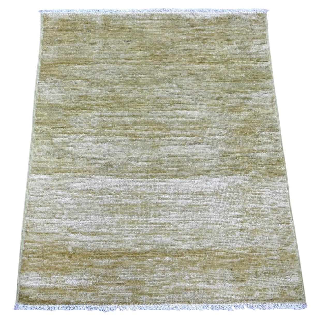 2'6"x3' Green Plain Solid Pattern Hand Knotted Ghazni Wool Square Mat Rug