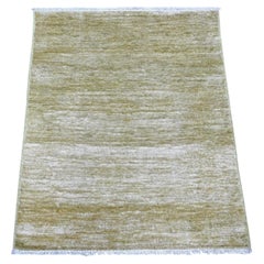 2'6"x3' Green Plain Solid Pattern Hand Knotted Ghazni Wool Square Mat Rug