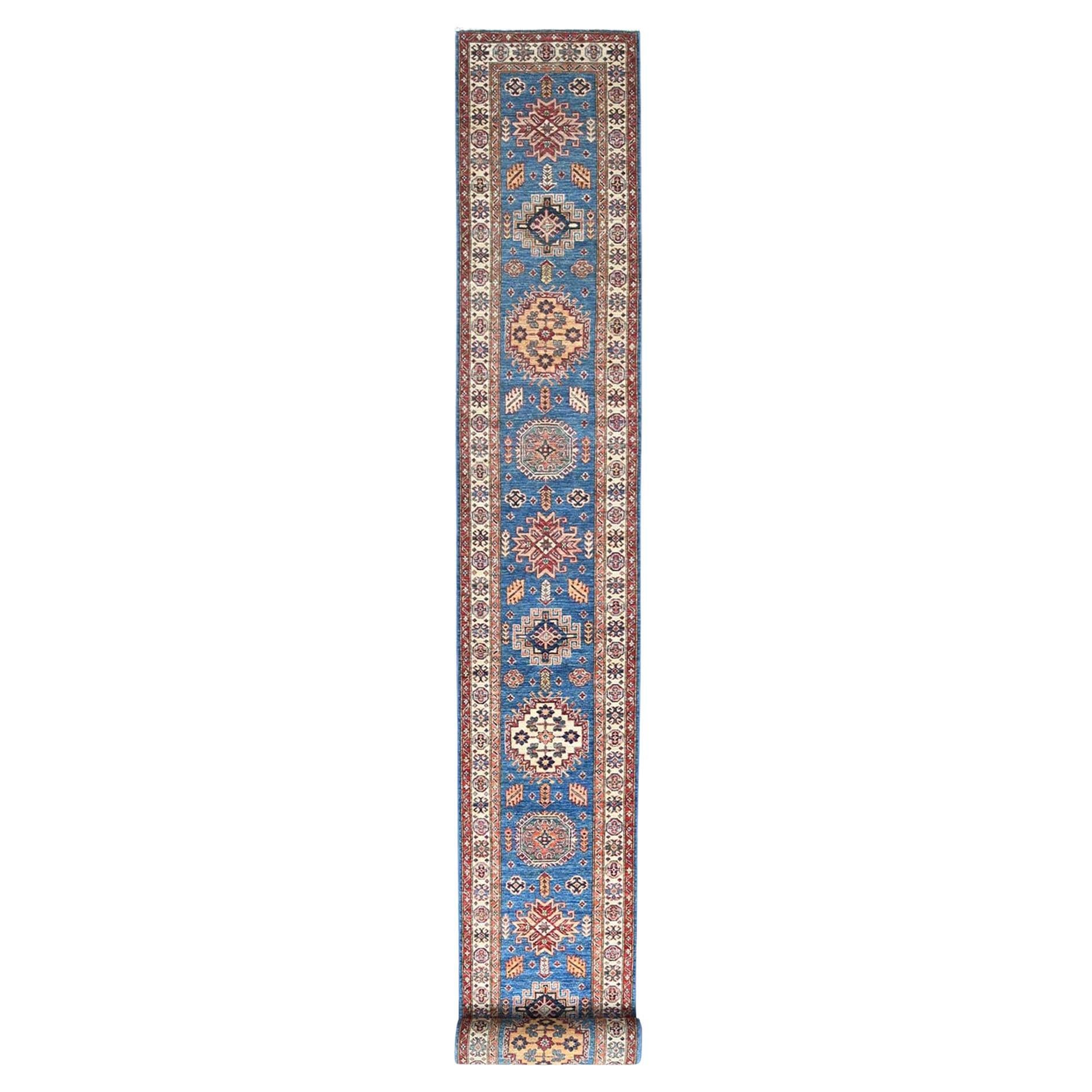 2'6"x33'5" Denim Blue Afghan Super Kazak Natural Wool Hand Knotted XL Runner Rug