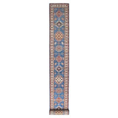 2'6 "x33'5" Azul Denim Afgano Super Kazak Alfombra Corredera XL Anudada a Mano de Lana Natural