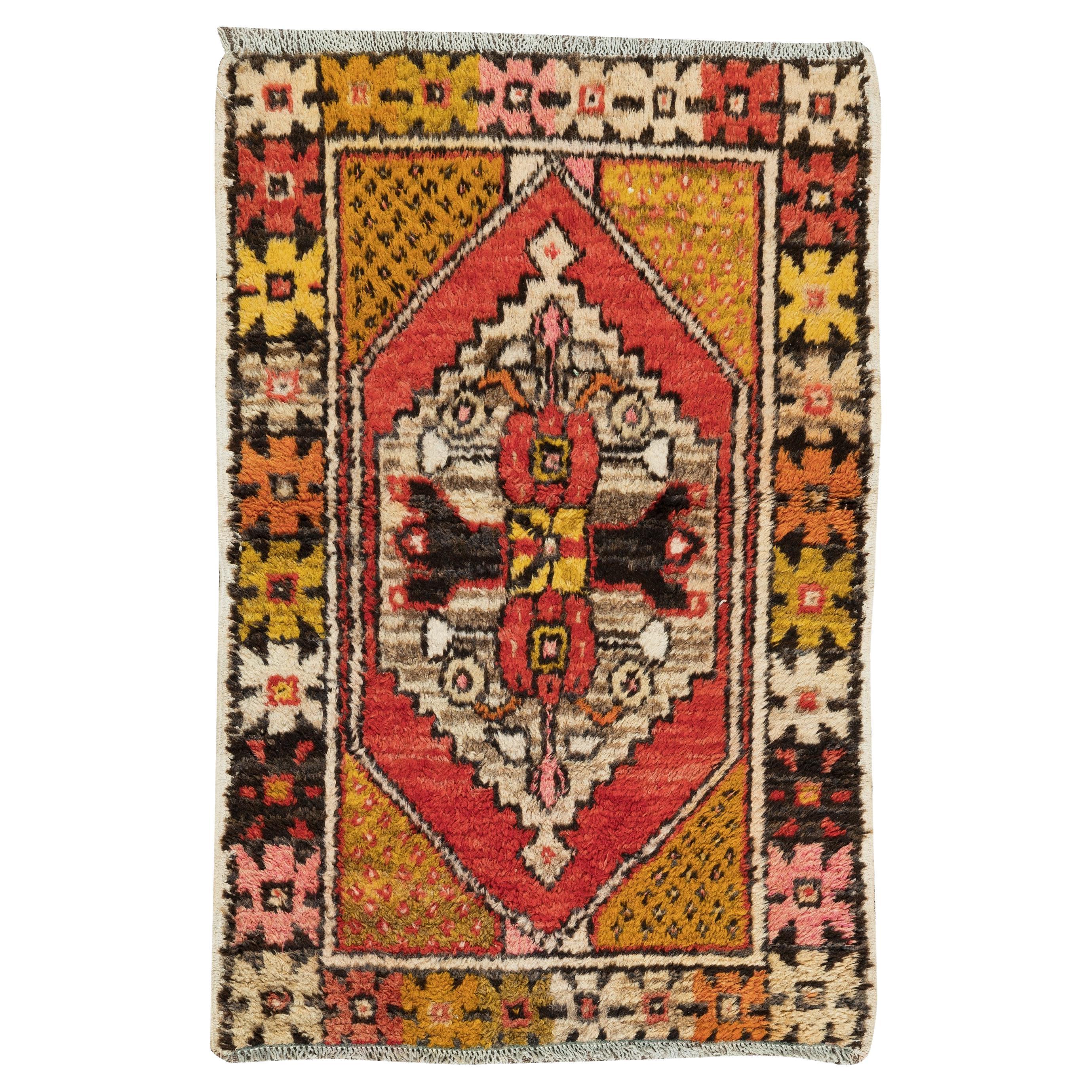 Vintage Hand Knotted Scatter Accent Rug, Authentic Turkish Door Mat