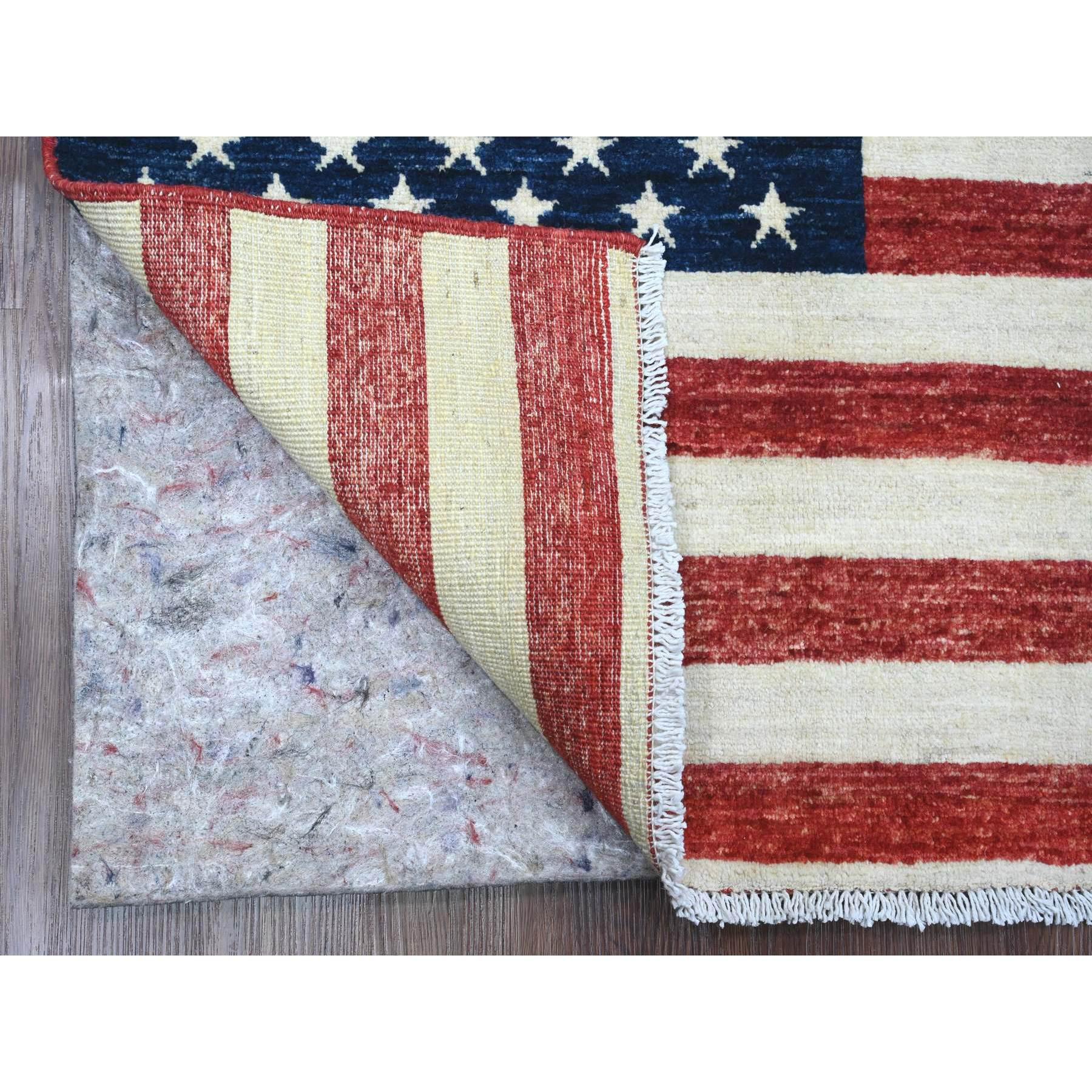 Old Glory Red, Hand Knotted, American Flag, Soft Wool, Peshawar, Wall Hanging, Oriental Rug
Primary materials: Wool
Latex: No Pile 
height: 0.25 Inches
Style: Transitional
Primary color: Red
Secondary colors: Midnight Blue, Ivory
Pattern: Oriental