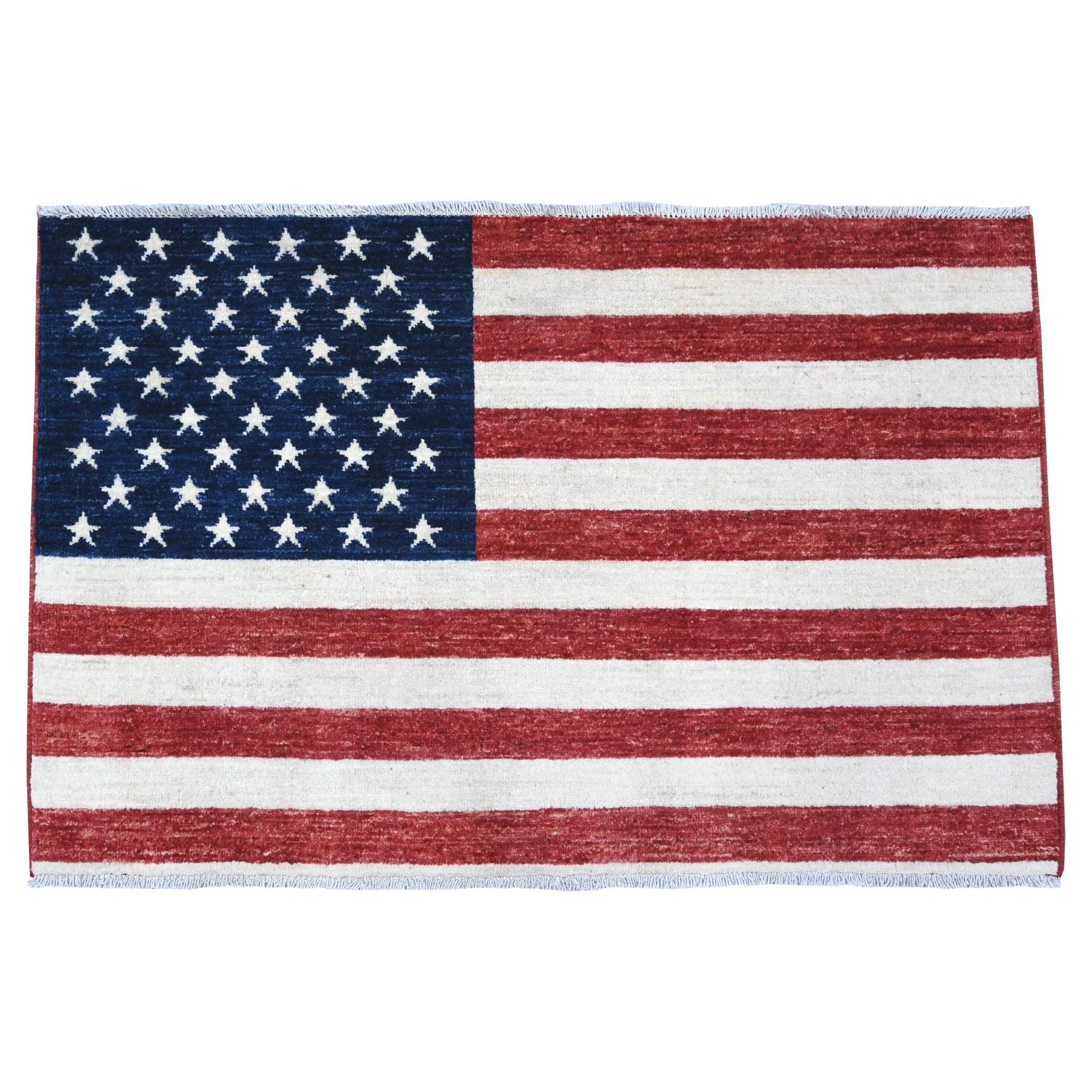 2'6"x4' Old Glory Red Hand Knotted American Flag Soft Wool Wall Hanging Rug