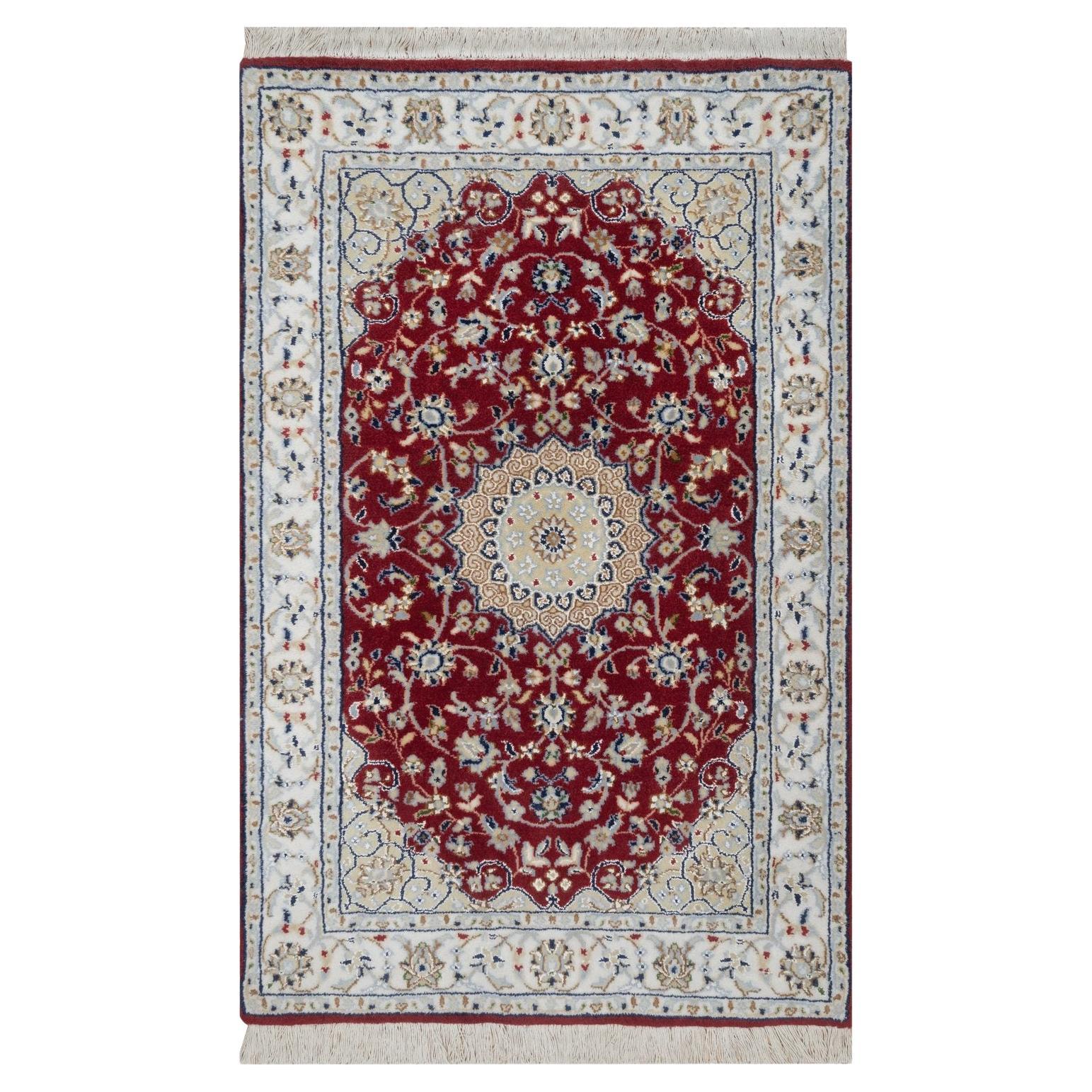 2'6"x4'1" Red Nain Flower Medallion Design Hand Knotted Wool and Silk Small Rug