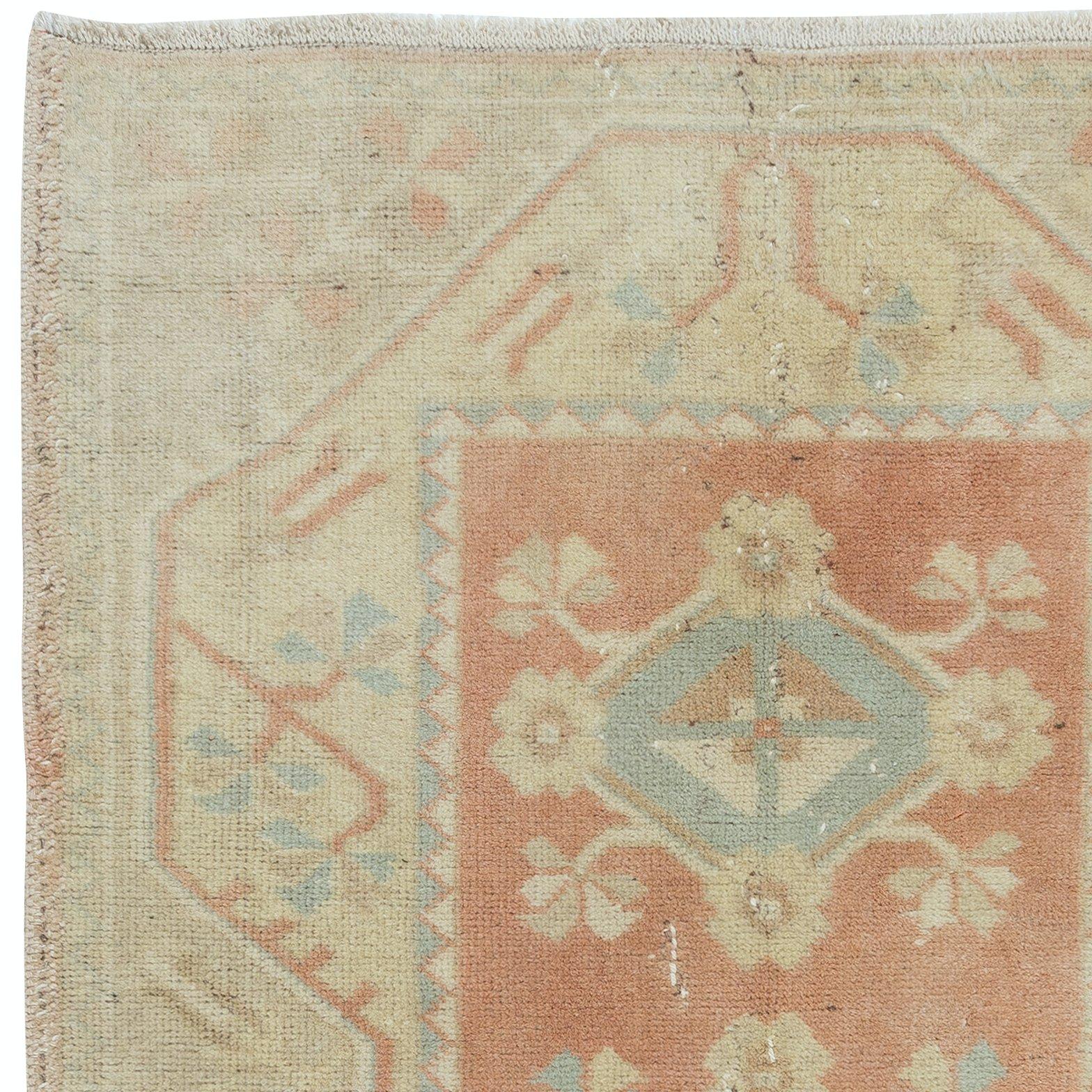 Hand-Knotted 2.6x4.2 Ft Faded Vintage Handmade Turkish Milas Accent Rug in Soft Red & Beige For Sale