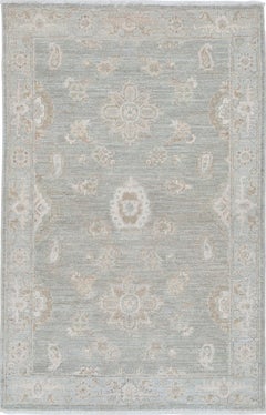 2.6x4.2 ft Traditional Hand Knotted Soft-Toned Light Blue, Ivory Wool Area Rug