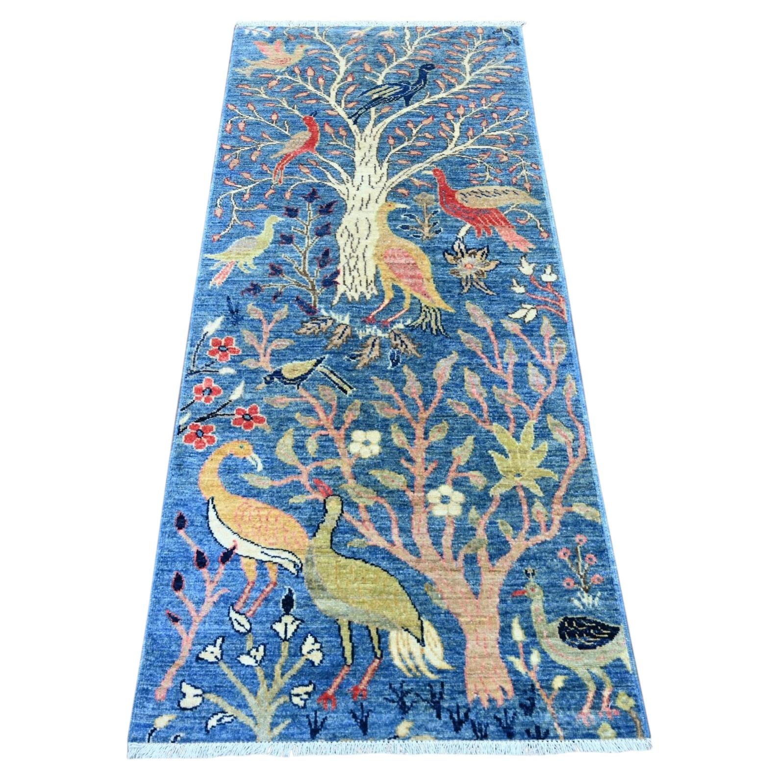 2'6"x5'10" Blue Peshawar Birds of Paradise Design Hand Knotted Wool Runner Rug