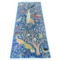 2'6"x5'10" Blue Peshawar Birds of Paradise Design Hand Knotted Wool Runner Rug