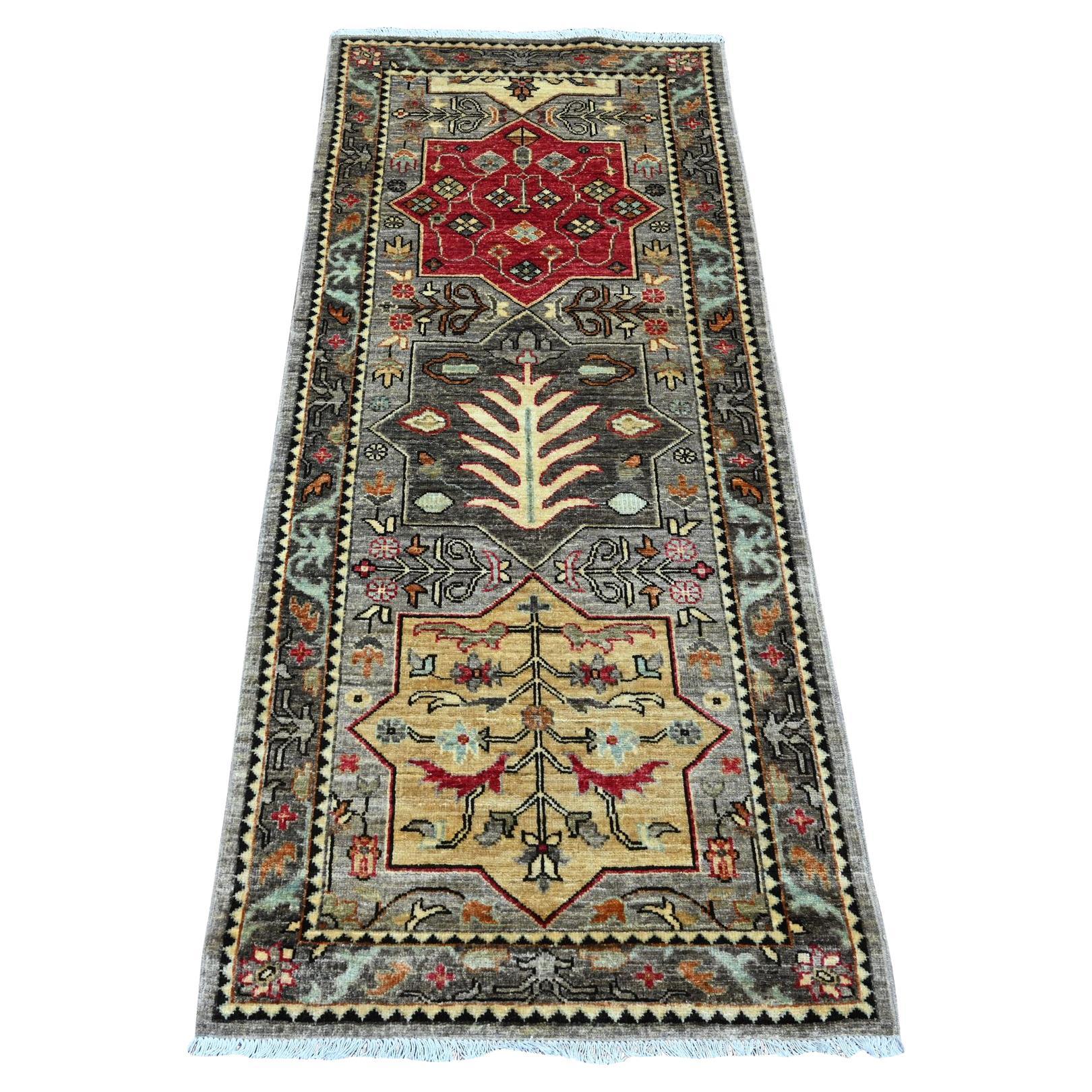 Tappeto Runner Peshawar Caucasico Grigio Akstafa Design in Lana Annodata a Mano 2'6 "x5'10"