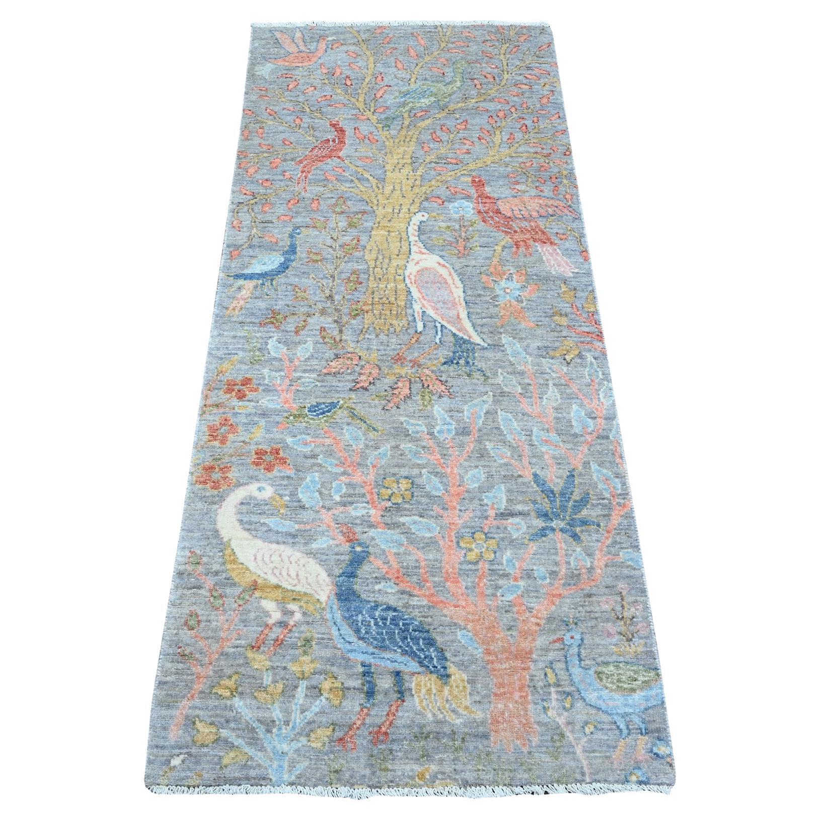 2'6 "x5'10" Gris de Gales Alfombra redonda de lana anudada a mano Peshawar Aves del Paraíso