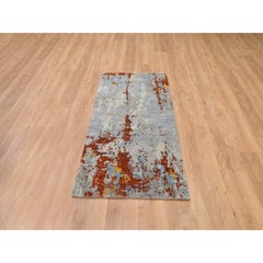 2'6"x5'10" Wool and Silk Abstract Fire Mosaic Design Hand Knotted Runner Orienta