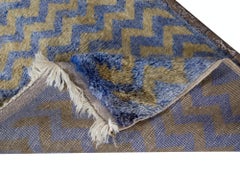 26"x52" 1970s Handmade Turkish Blue Tulu Rug with Light Brown Zig Zag Design