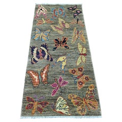 2'6"x5'7" Gray Afghan Peshawar Butterfly Design Hand Knotted Wool Runner Rug