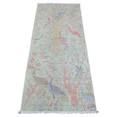2'6"x5'7" Green Hand Knotted Peshawar Birds of Paradise Design Wool Runner Rug