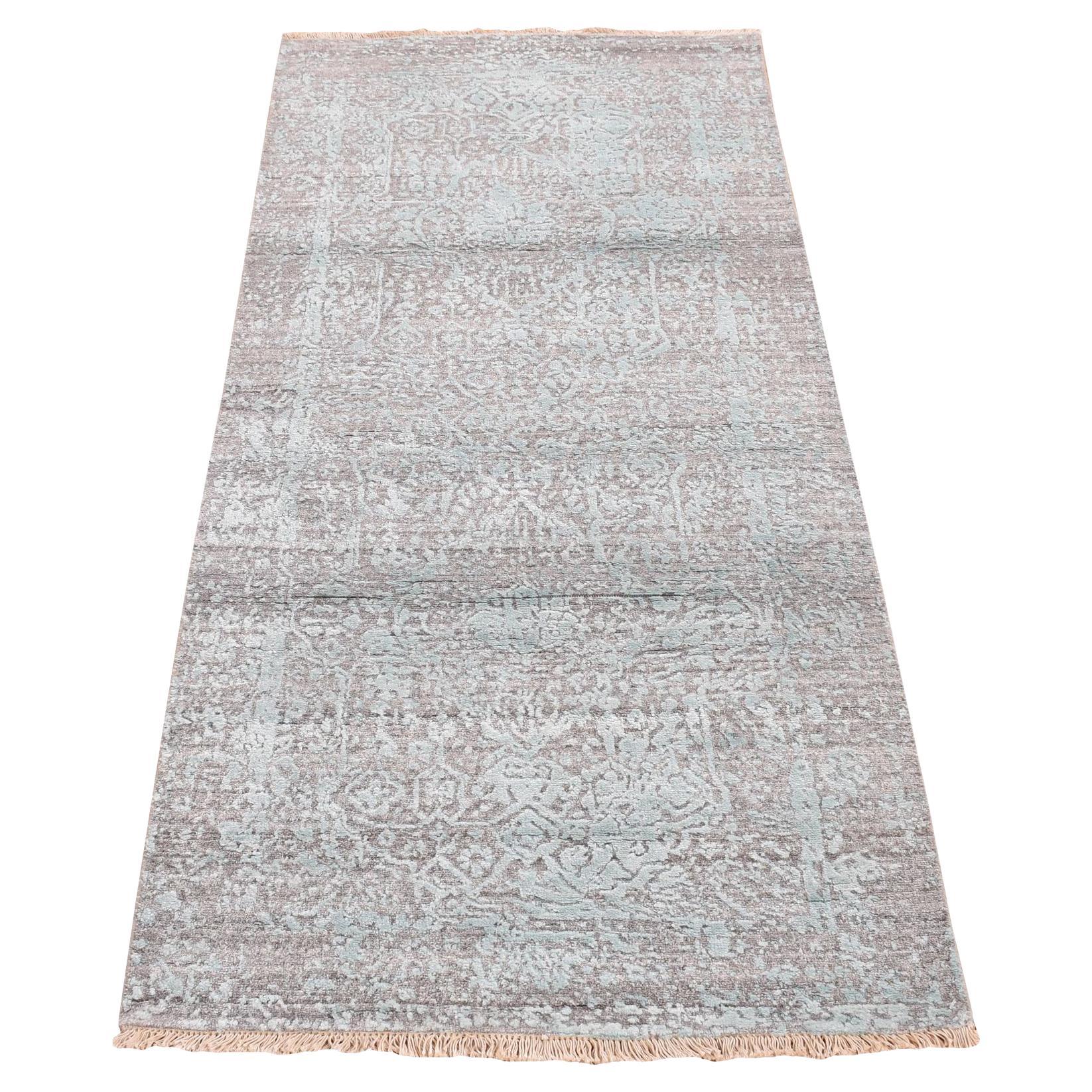 2'6 "x5'8" Grün Wolle und Seide Hand geknüpft Broken Persian Design Läufer Teppich im Angebot