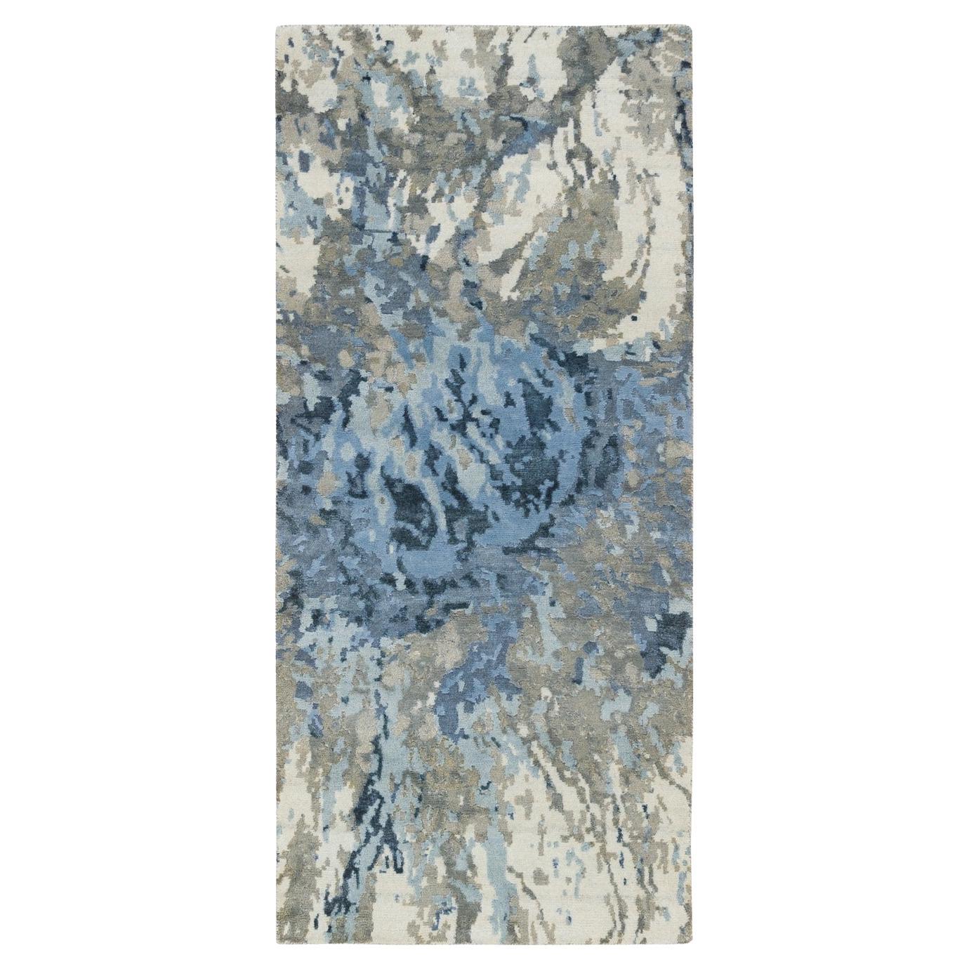 2'6"x5'9" Gray and Blue, Hand Knotted Abstract Design, Wool and Silk Runner Rug
