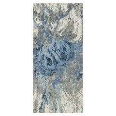 2'6 "x5'9" Gris et bleu, design abstrait noué à la main, tapis de course en laine et soie