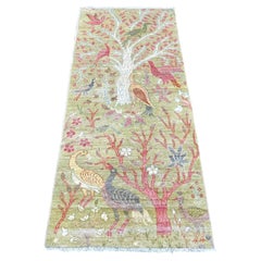 2'6"x5'9" Green Peshawar Birds of Paradise Design Hand Knotted Wool Runner Rug