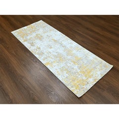 2'6"x6' Beige with Gold Abstract Design Wool and Silk Hand Knotted Runner Rug