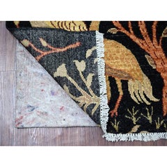 2'6"x6' Black Peshawar Birds of Paradise Design Hand Knotted Wool Runner Rug
