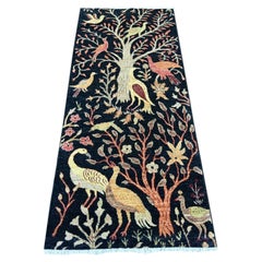 2'6"x6' Black Peshawar Birds of Paradise Design Hand Knotted Wool Runner Rug