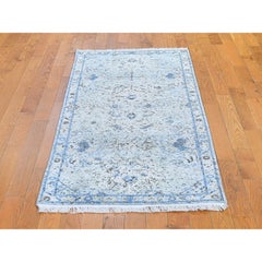 Alfombra de Pista Ancha de Seda Pura y Lana Texturizada Oushak Azul Desgastada de 2'6 "x6'