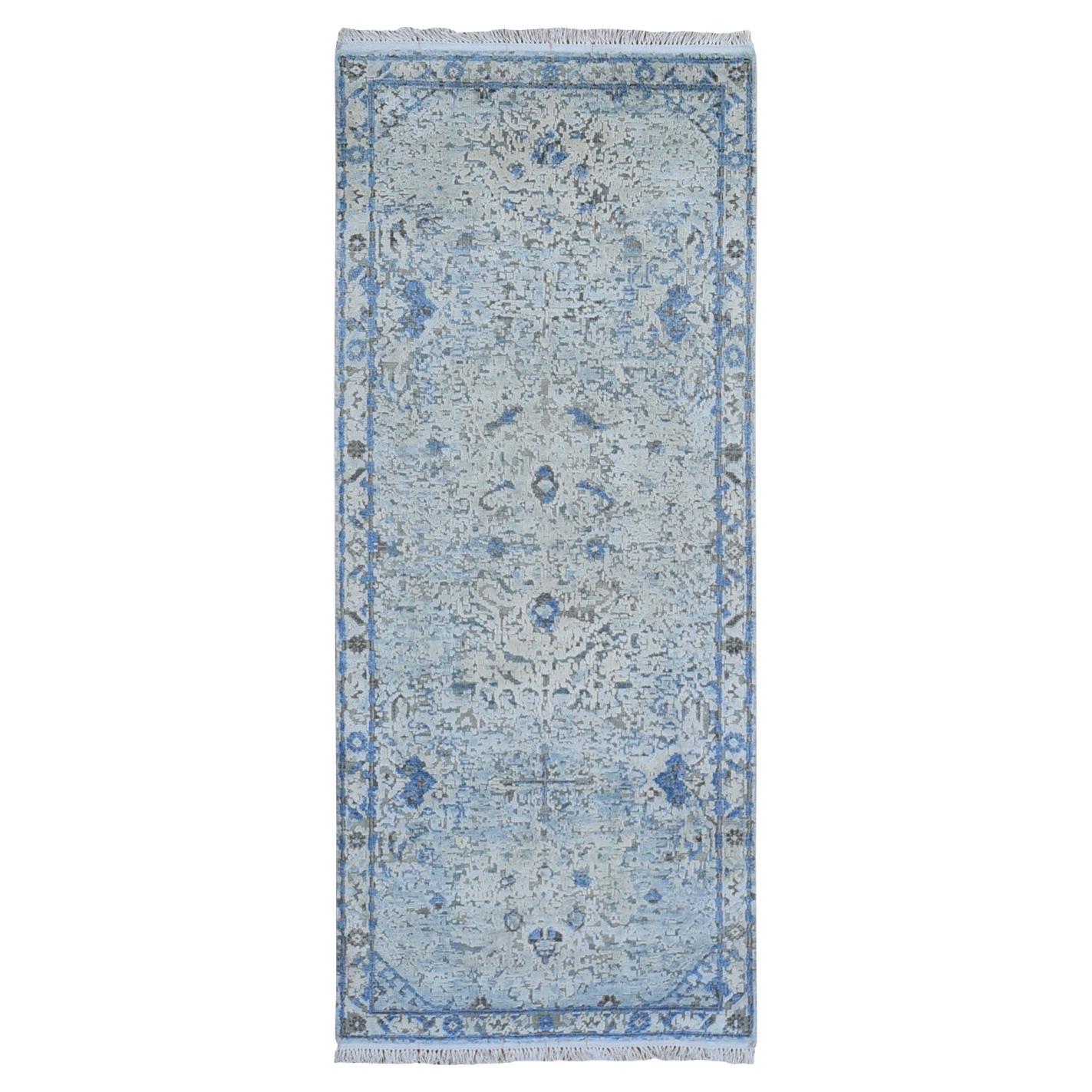 Tappeto Oushak Blu Distressed in pura seta con lana testurizzata, 2'6 "x6'