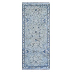 2'6"x6' Blue Distressed Oushak Pure Silk with Textured Wool Wide Runner Rug