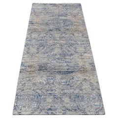 2'6"x6' Blue, Silk with Wool, Erased Rosette Design, Hand Knotted Runner Rug