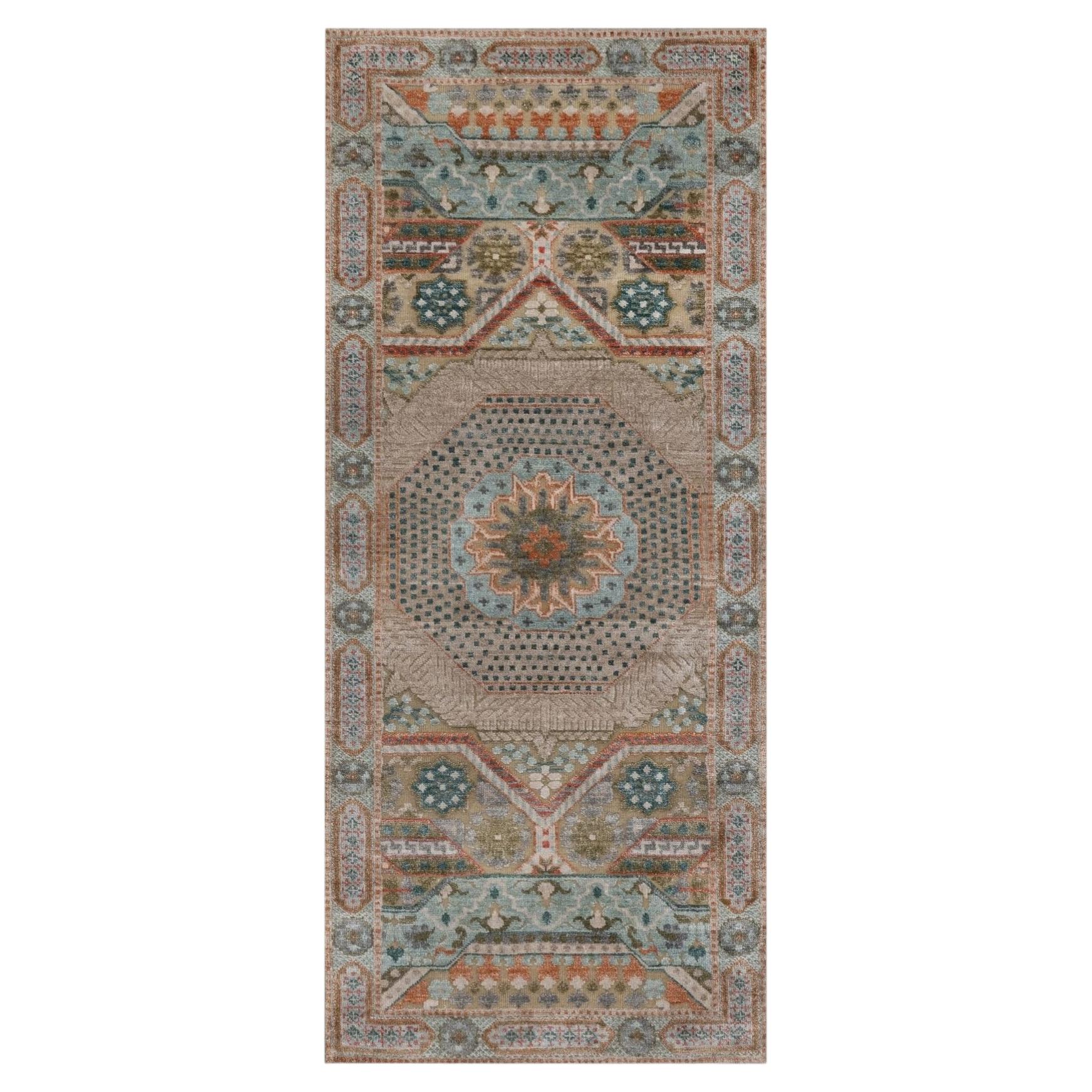 2'6"x6' Brown Mamluk Design with Medallion Hand Knotted Wool & Silk Runner Rug For Sale