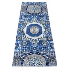 2'6"x6' Denim Blue Mamluk Design Dense Weave Soft Wool Hand Knotted Runner Rug