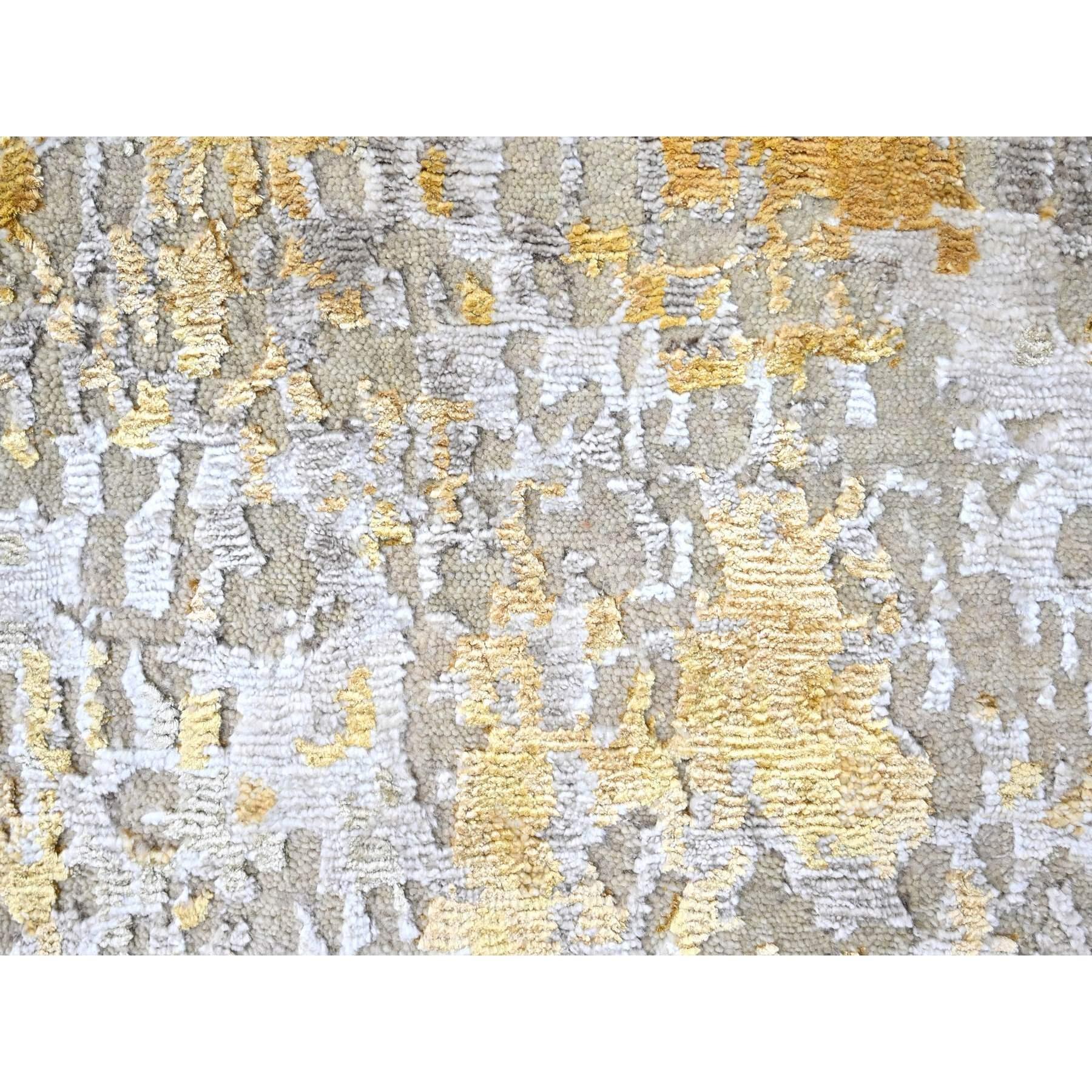 Annodato a mano Tappeto Runner in Lana e Seta Hi-Low Pile Annodato a Mano con Design Astratto Oro 2'6 