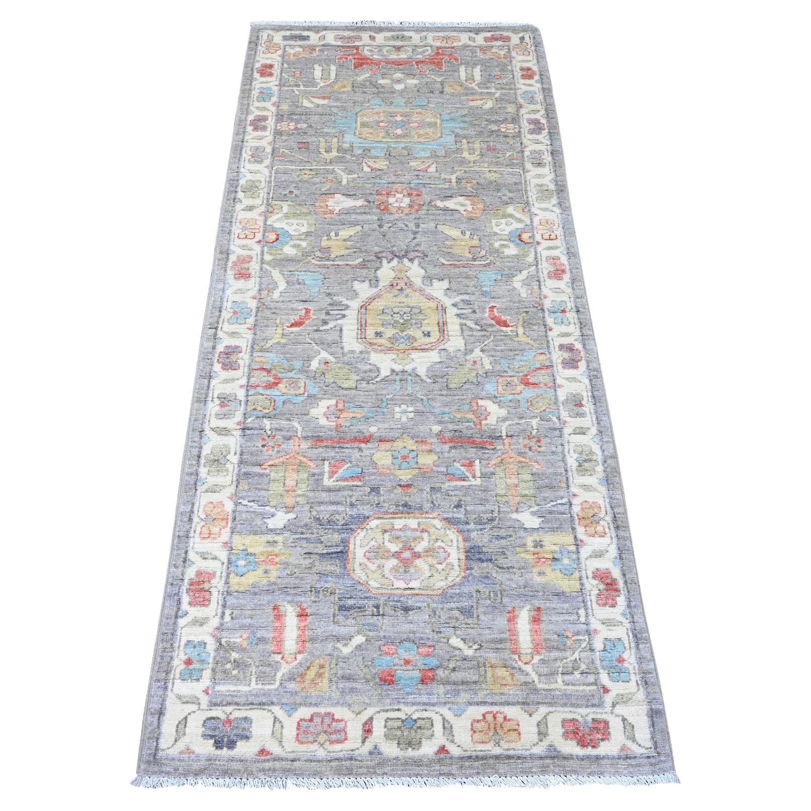 Tappeto Runner in lana annodato a mano 2'6 "x6' grigio Peshawar con disegno Heriz All Over
