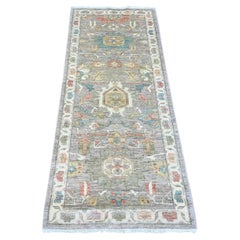 Alfombra oriental de pasillo de lana pura Peshawar gris con diseño Heriz por toda la superficie