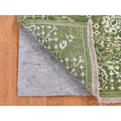 2'6"x6' Green, Tabriz Tone on Tone, Wool and Silk, Hand Knotted, Runner Rug