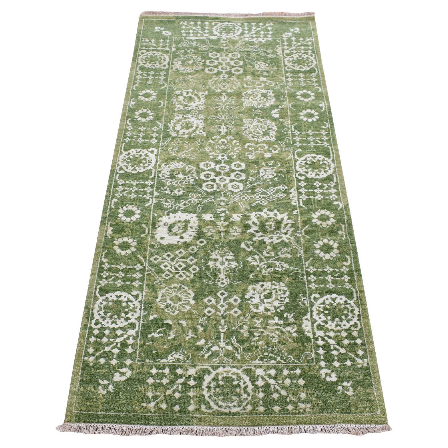 2'6"x6' Green, Tabriz Tone on Tone, Wool and Silk, Hand Knotted, Runner Rug