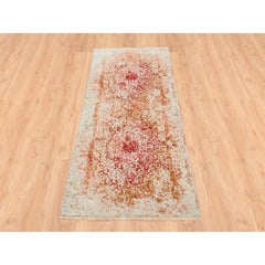 2'6"x6' Hand Knotted Ivory Persian Design Wool and Pure Silk Runner Rug