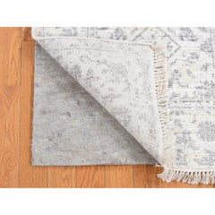 2'6"x6' Ivory, Erased Tone on Tone, Wool and Silk Hand Knotted Runner Rug
