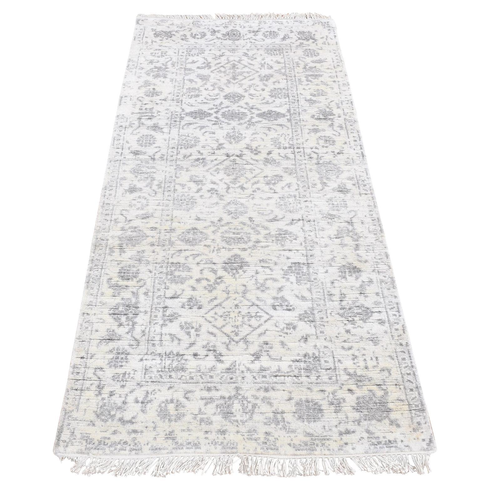 2
6"x6
 Ivory, Erased Tone on Tone, Wool and Silk Hand Knotted Runner Rug For Sale