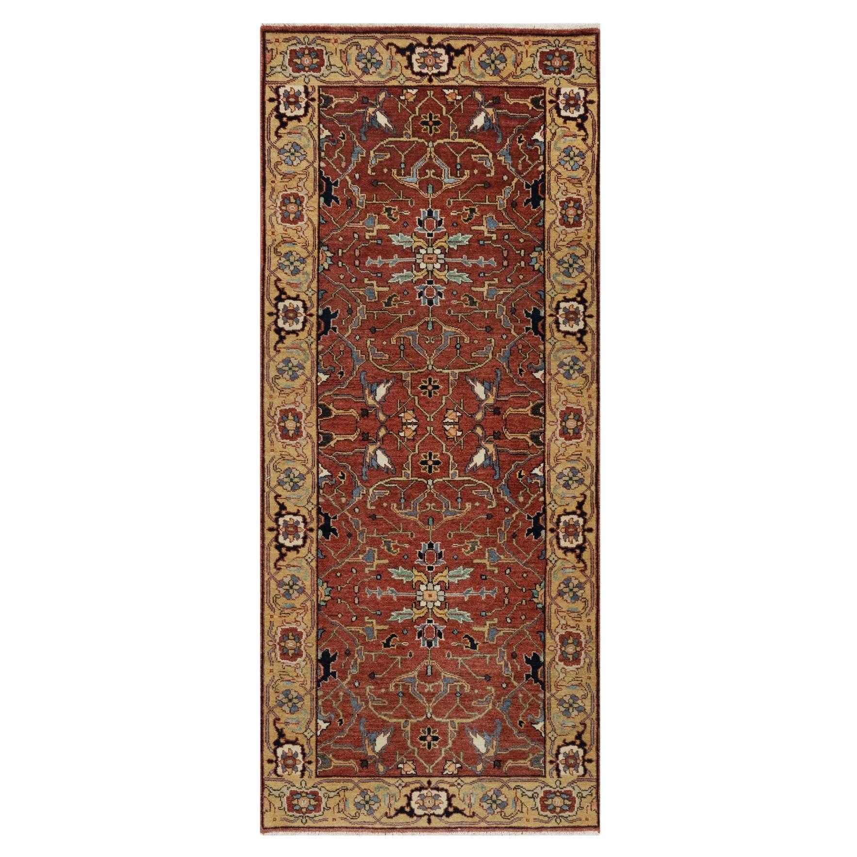 2'6"x6'1" Auburn Red Antiqued Heriz Re-Creation Hand Knotted All Wool Runner Rug