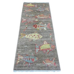 2'6"x6'1" Brown Afghan Peshawar Oceanic Fish Design Hand Knotted Wool Runner Rug