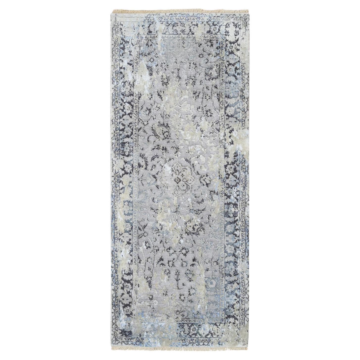 2'6 "x6'1" Grau, Handgeknüpftes Broken Kashan Design, Wolle mit Seide, Läufer Teppich im Angebot
