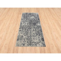 2'6"x6'1" Gray Wool and Silk Hand Loomed Fine Jacquard Runner Oriental Rug