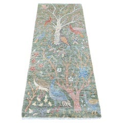 2'6"x6'1" Green Peshawar Birds of Paradise Design Hand Knotted Wool Runner Rug