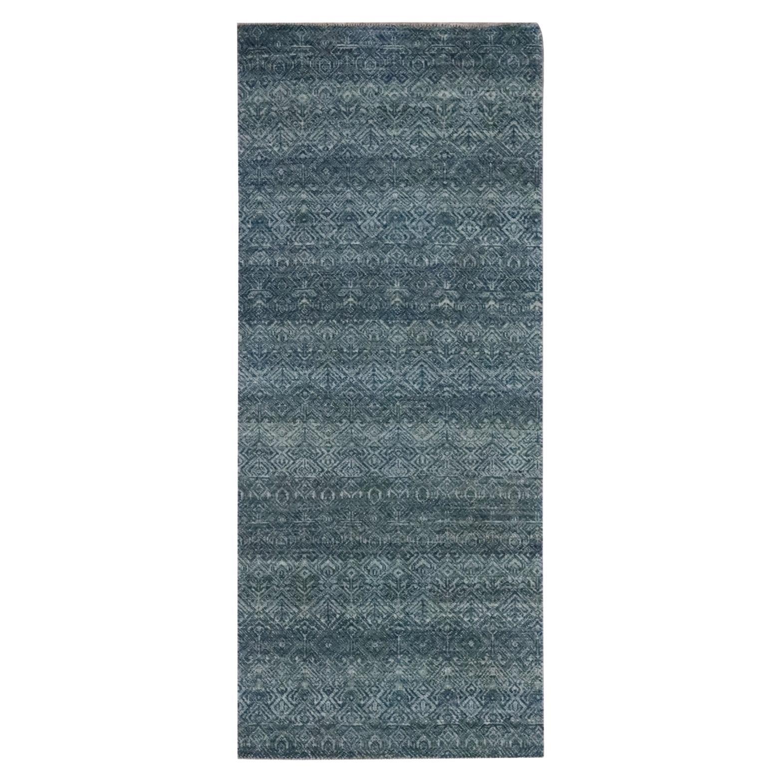2'6"x6'1" Ocean Blue Hand Knotted Kohinoor Herat Pattern Soft Wool Runner Rug