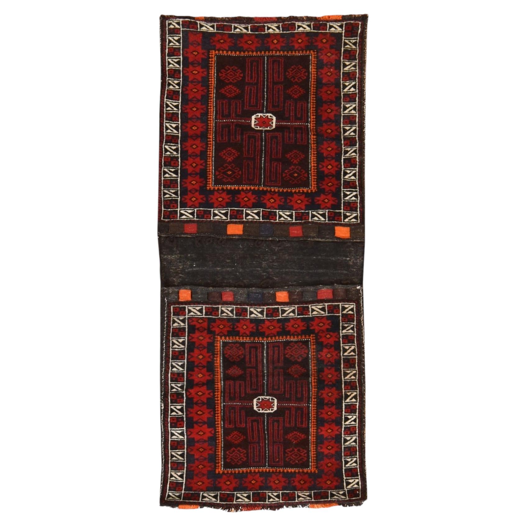 2'6"x6'1" Red Vintage Baluch Saddle Bag Hand Knotted Wool Runner Oriental Rug For Sale