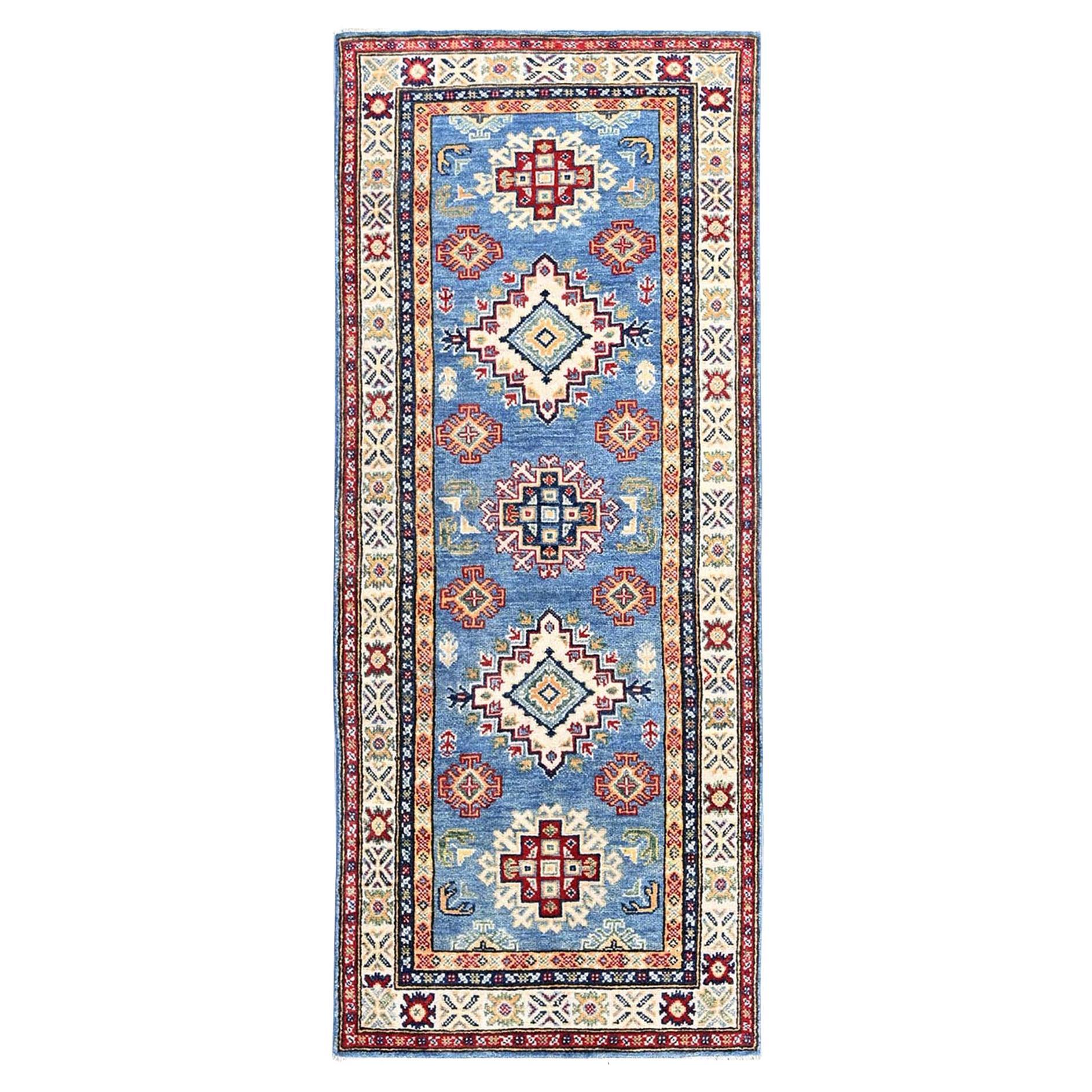 2'6"x6'2" Blue Kazak Geometric Medallions Design Hand Knotted Wool Runner Rug