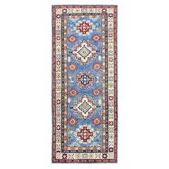2'6 "x6'2" Tapis de course en laine nouée à la main bleu Kazak Geometric Medallions Design