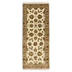 2'6"x6'2" Bone White Rajasthan with Leaf Design Hand Knotted Wool and Silk Rug