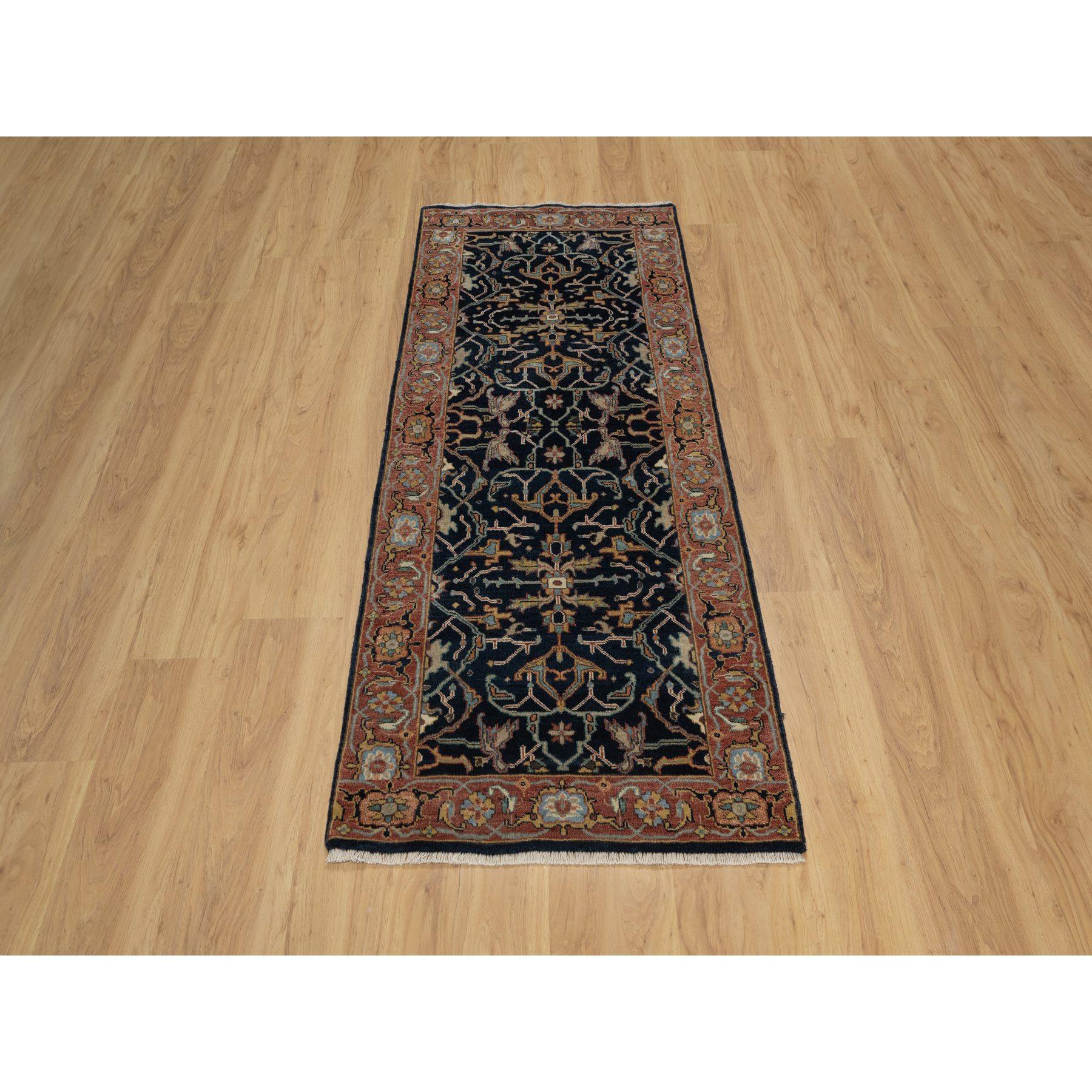 Caviar Blue, Antiqued Fine Heriz Re-Creation with All Over Vines Design, Vegetable Dyes, Hand Knotted, Soft Pile, 100% Wool, Runner, Oriental Rug
Primary materials: Wool
Latex: No Pile 
height: 0.25 Inches
Style: Traditional
Primary color: